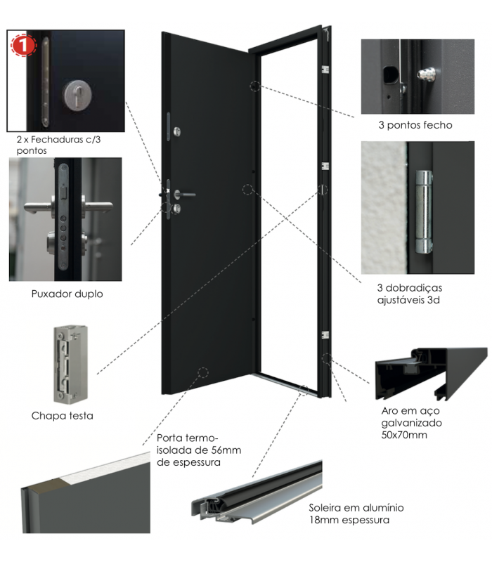 Porta Exterior Metal Smooth Antracite 90x200cm Esquerda