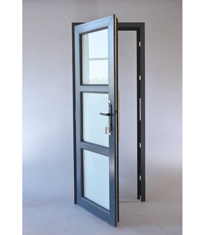 Porta Exterior Aluplast PVC Vidro Fosco 90x200cm Antracite Direita